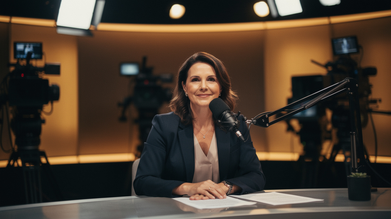 Presenter speaking confidently into a studio microphone under warm studio lighting