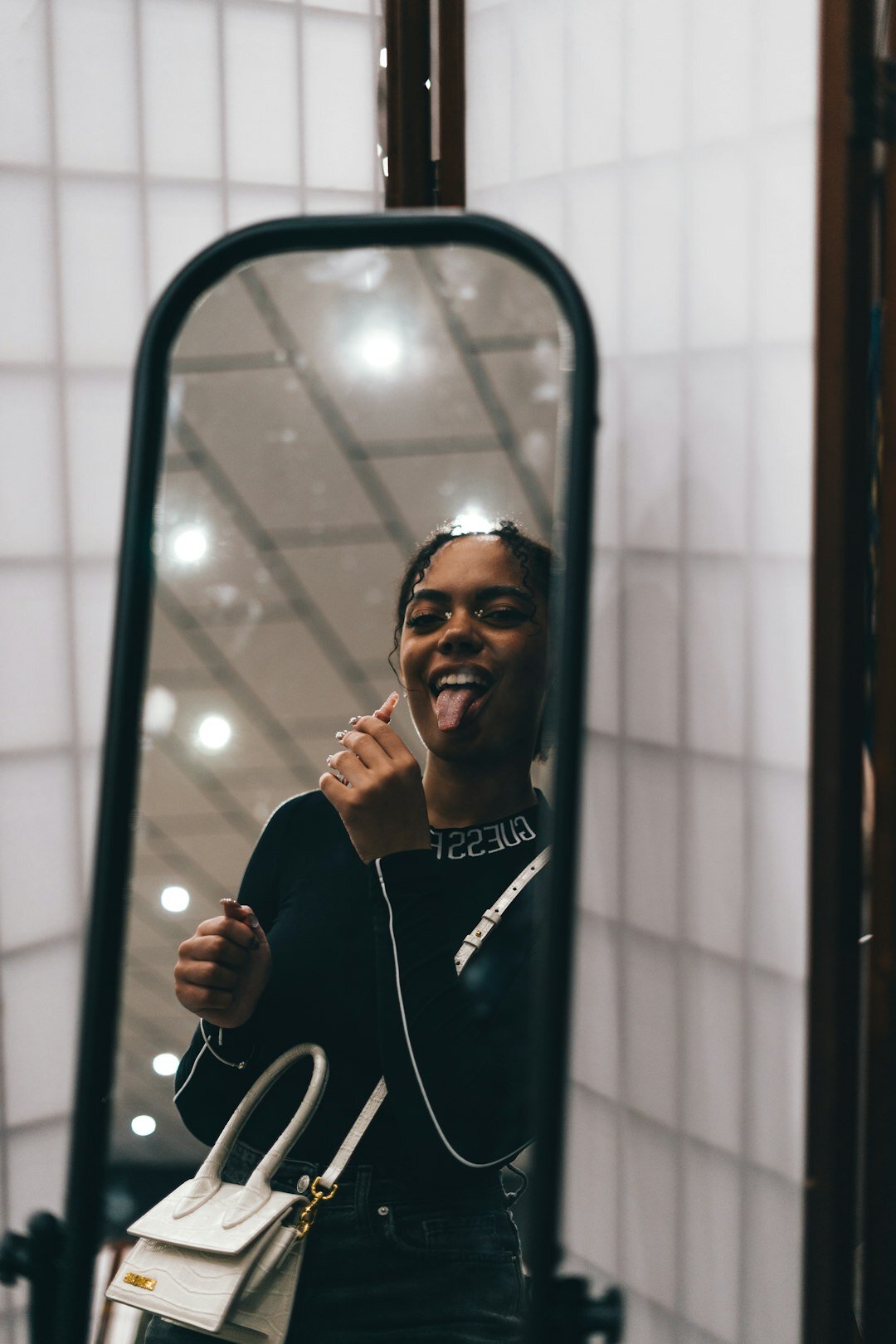 person practicing speech in mirror