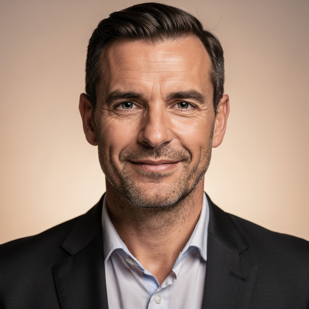Portrait of a Belgian male television host and interview trainer