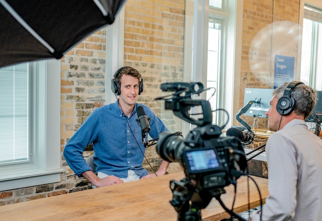 professional giving media interview