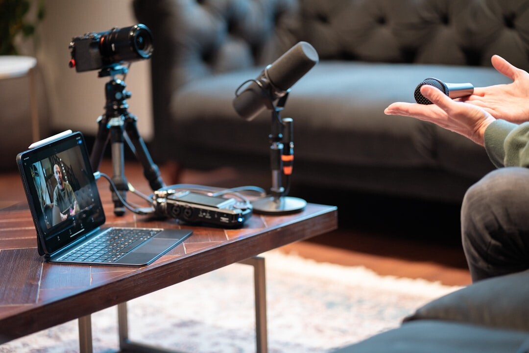 person practicing interview at home